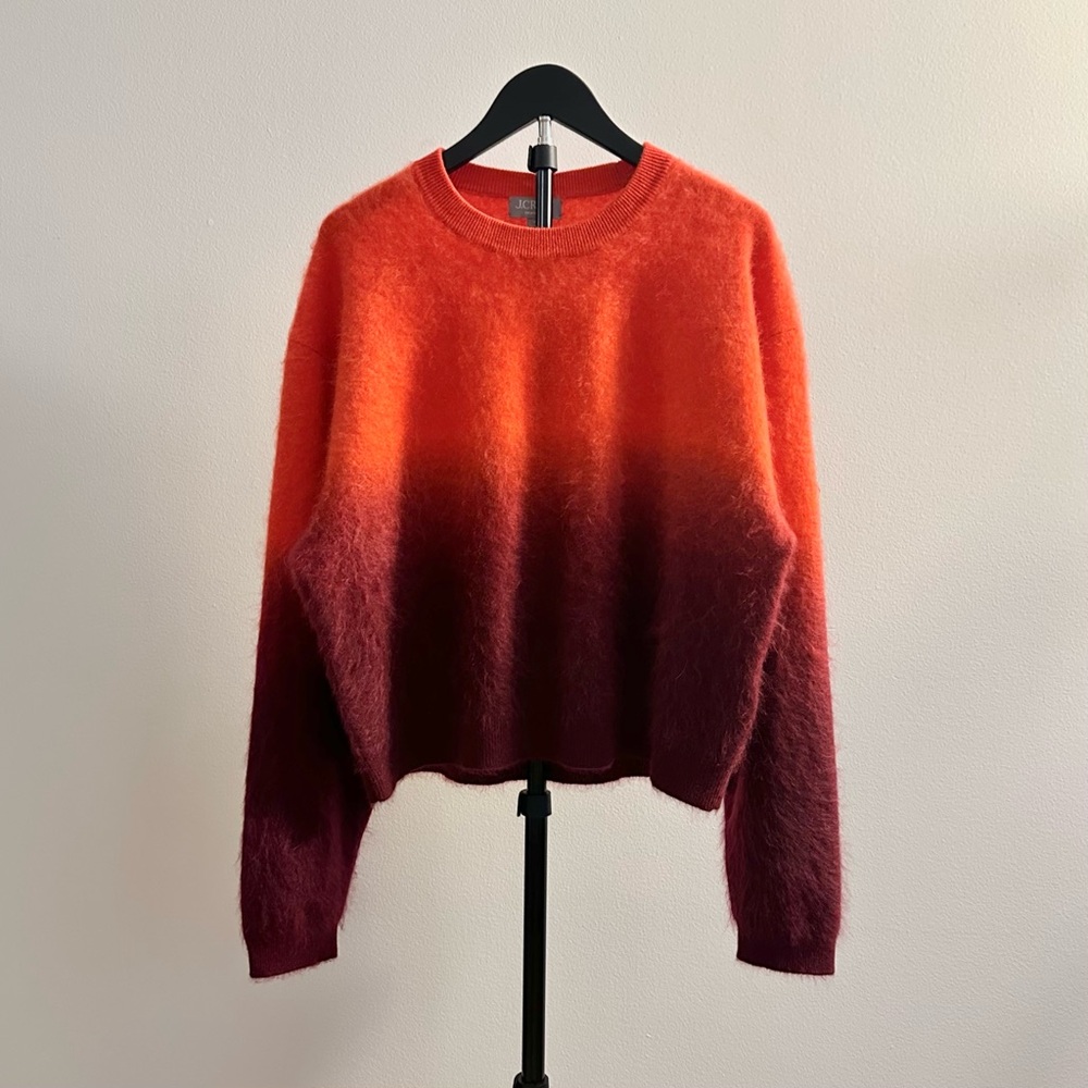 J. Crew Brushed Cashmere Dip-Dyed Red Orange Ombré Crew Neck Sweater Size M